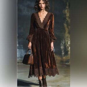 Elegant Velvet Brown Lace Trim Dress